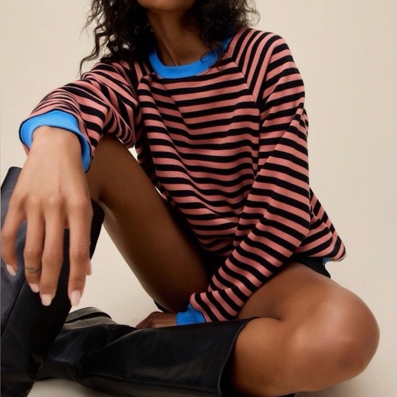 Daydreamer Tops - Daydreamer Pink and Black Striped Sweatshirt with Blue Trim